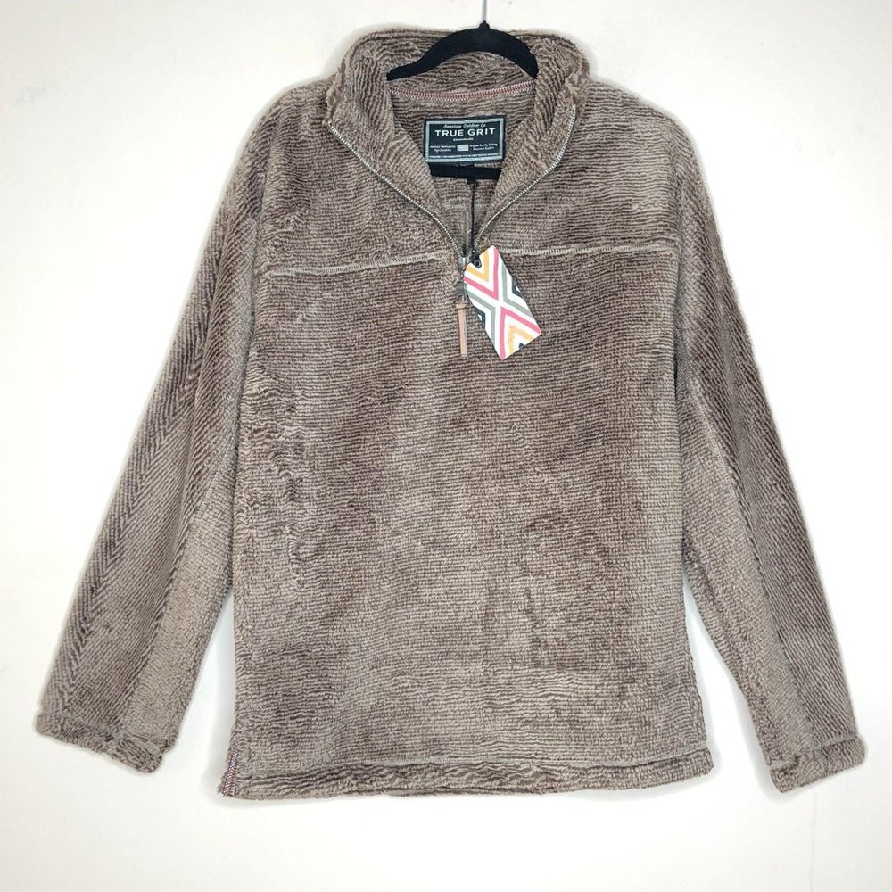 True Grit Luxe Fleece 1/4 Zip Pullover Top Mocha - Picture 4 of 14